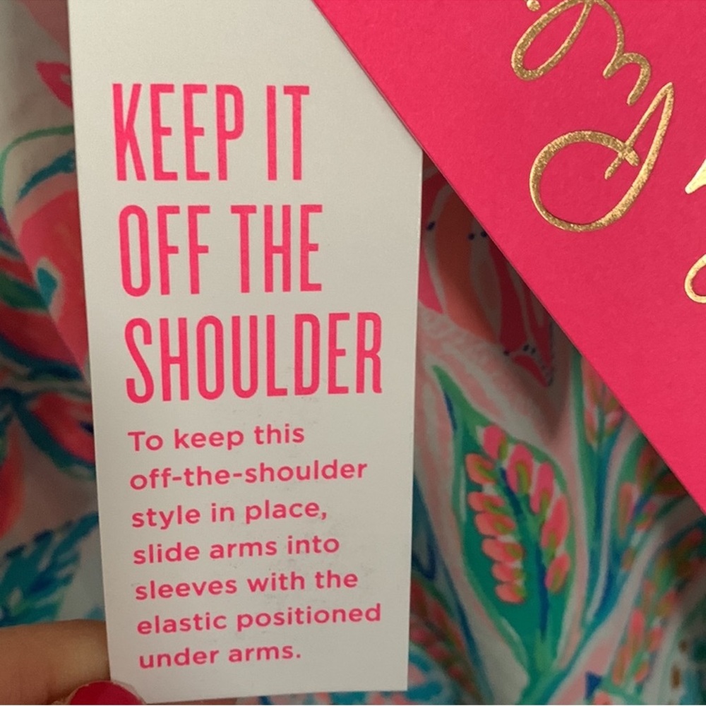 Lilly Pulitzer ~ Nevie Women’s Off-Shoulder Floral Top in Pink and Aqua - Picture 4 of 4